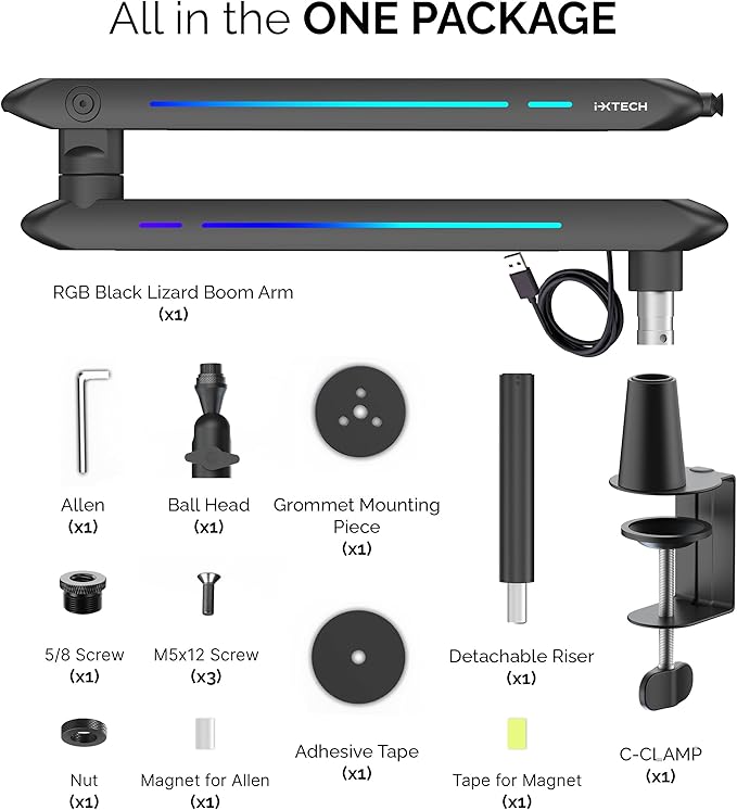 IXTECH RGB Low Profile Boom Arm for Mic Adjustable Microphone Arm Stand with Desk Mount Clamp Rotatable Microphone Boom Arm Mic Stand with Cable Management for Podcast Streaming Gaming Studio.
