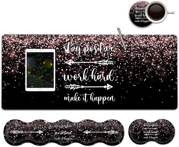 Large Gaming Mouse PadExtended Office Desk MatWaterproof Desk Writing Pad for Home Ergonomic Mouse &ampKeyboard Wrist RestWork Hard Rose Gold Glitter Laptop Desk Pad Black Mousepad Wrist Support