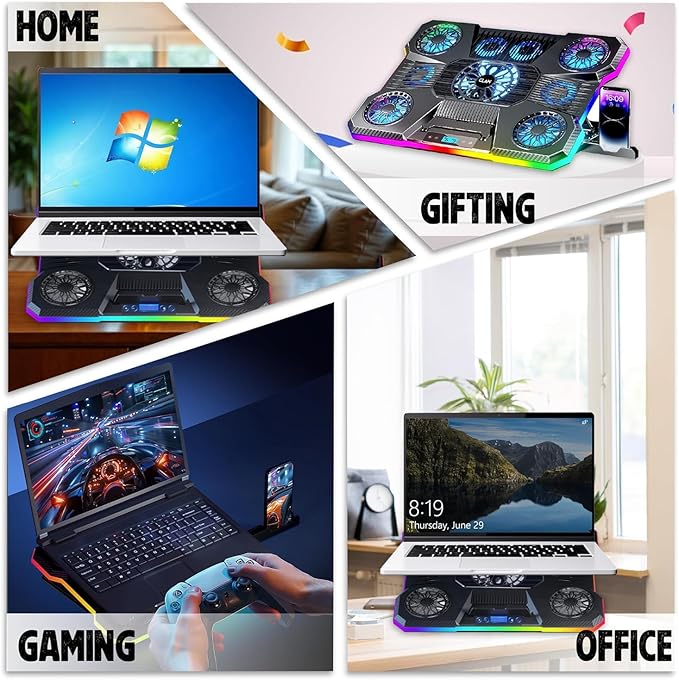 Storm Pro A21 Laptop Cooling Pad with 9 Fans (6×60mm + 4×85mm Up to 2400 RPM) RGB Lighting LCD Display Mobile Stand 9 Height Levels USB &amp Type-C Ports Fits Up to 17-Inch Laptops – Black
