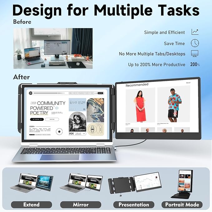 KEFEYA Laptop Screen Extender 14 Portable Monitor for Laptops 13-17 1080P FHD IPS Monitor Extender for Laptop with USB-C/HDMI Port Plug n Play for Windows/Chrome/Mac/Switch/PS5