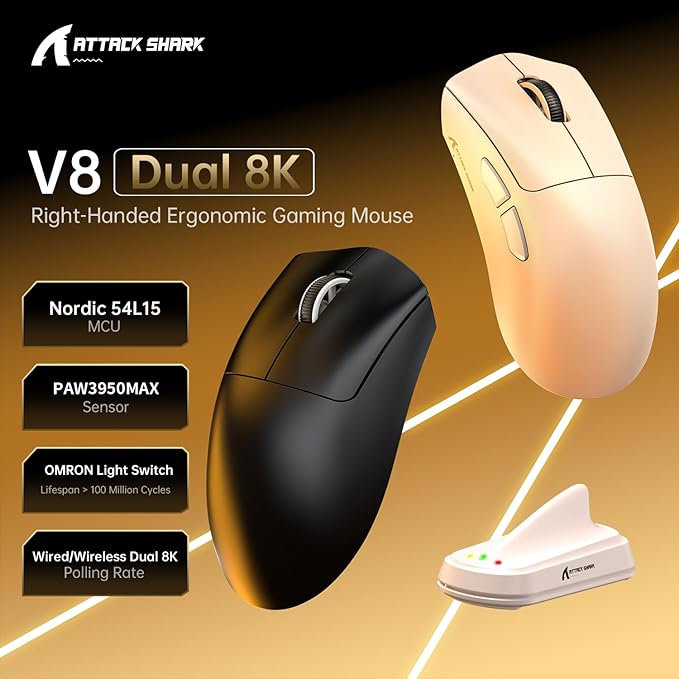 ATTACK SHARK V8 Wireless Gaming Mouse 59g Lightweight BT/2.4G Wireless/Wired Mouse PixArt PAW3950MAX Gaming Sensor 8K Polling42000 DPICoiled CableOffice Mice for PC/Win/Mac(White)