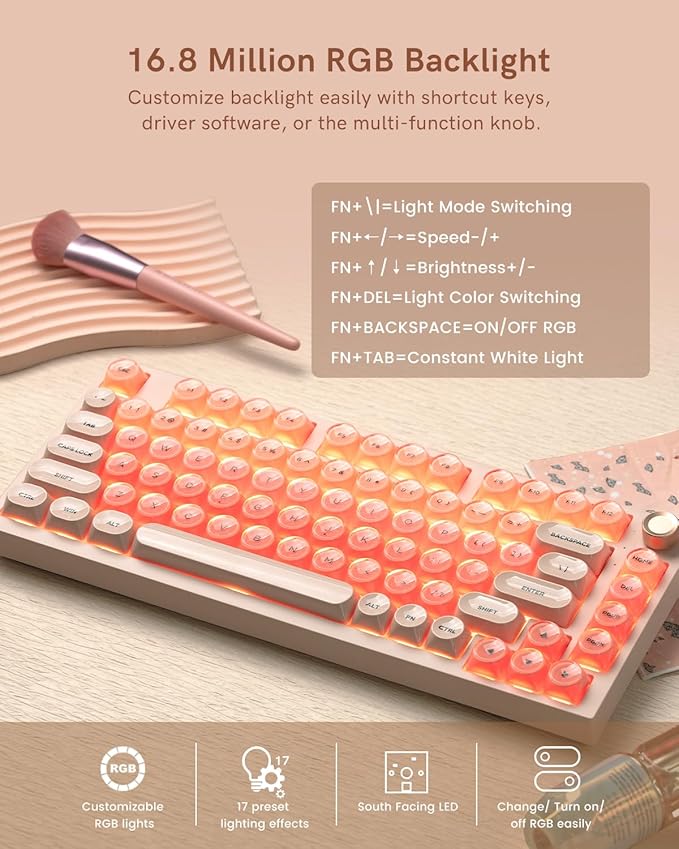 WK75 Wireless Mechanical Keyboard with Knob 75% Foundation Pink Creamy Keyboard Hot Swappable Pre-lubed Switches Gasket Mount with MOA Profile Jelly Keycaps RGB Backlit Gaming Keyboards