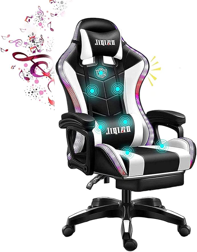 Gaming Chair with LED Light/Pro Gaming Chair with Bluetooth Speakers Full Massager Lumbar Support and Bluetooth Speaker Video Gaming Chairs LED Lights Load-Bearing 150KGWhite