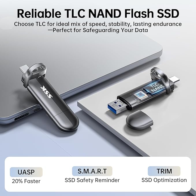 SSK USB Flash Drive 2TB SSD External TLC NAND Solid State Drive Dual USBC &amp USBA Ports Up to 1000MB/s High-Speed Portable 2TB USB Thumb Drive Stick for iPhone 15/16/17 Pro Mac Android PC Back