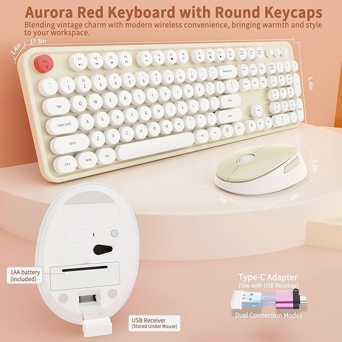 HotFox Wireless Keyboard and Mouse Combo Full-Size Retro Typewriter Keyboard with Round Keycaps Ergonomic Design for Windows PC Home and Office Use - Cream