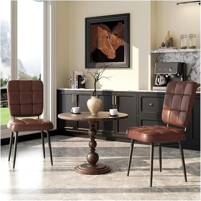 Adjustable Office Computer Chair with Armrest 2pcs Leather Upholstered Dining Chairs with Thick Cushion High Backrest and Metal Legs(Brown)