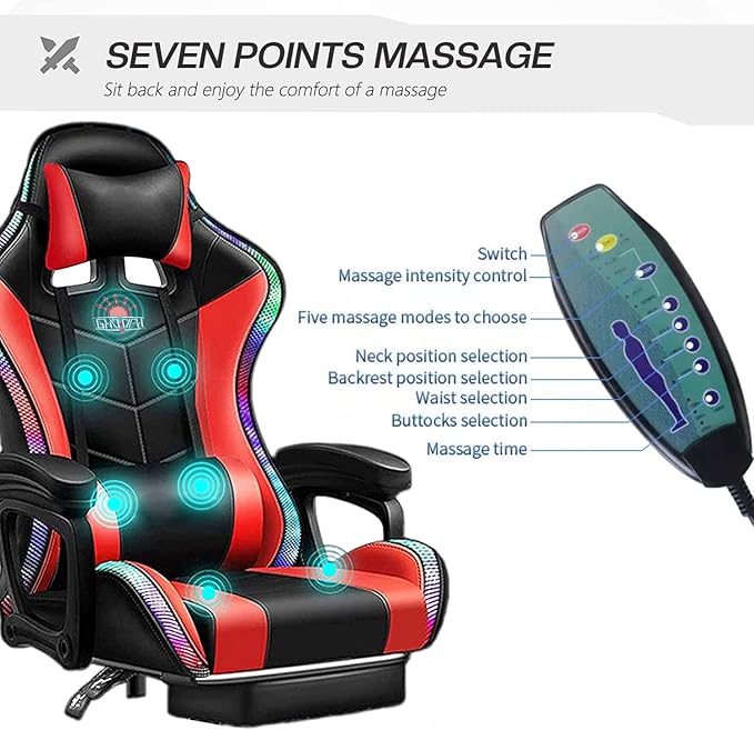 RGB Gaming Chair with Massage and Footrest Ergonomic Big and Tall Office Chair Computer Chair Video Game Chair with Speakers High Back Recliner Swivel Chair with Lumbar PillowPink
