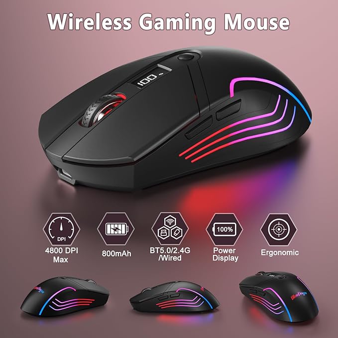 BlueFinger Wireless Gaming Keyboard and Mouse Combo RGB Backlit Tri-Mode Bluetooth/2.4G/USB-C Wired 98 Keys Quiet Keyboard with Number Pad Volume Knob &amp Screen 4800 DPI Mouse for PC/Mac/Lapto