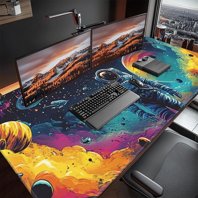Extra Large Gaming Mouse Pad 48x24 Non-Slip Rubber Base Galaxy Astronaut Space Mouse Pad Waterproof Keyboard Mat with Stitched Edges for Work Game Office Desk