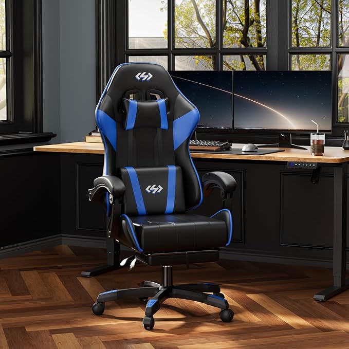 HLDIRECT Gaming Chair Ergonomic Computer Office Chair with Lumbar Support Footrest Headrest PU Leather 360° Swivel Adjustable Height Metal Frame 200 lbs Capacity (Black&ampBlue)
