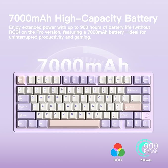KEEBMONKEY WOBKEY Rainy 75 CNC Aluminum HMX/JWK/Cocoa Switches Triple-Mode Connectivity Mechanical Keyboard with Superior Acoustics RGB/FR4/Silver SUS304/7000mAh/Cocoa Switch (Pro - Purple)