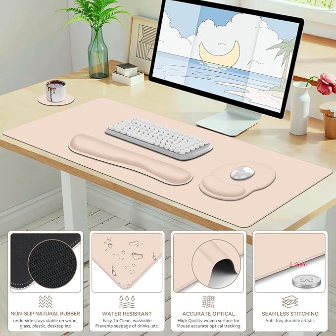 Mouse Pad Desk Pad Protector Keyboard Wrist Rest + Mouse Pad Wrist Rest +Coaster Large Gaming Mouse Pad for Computer Keyboard Laptop XXL Desk Mat Writing Pad for Office and Home Beige