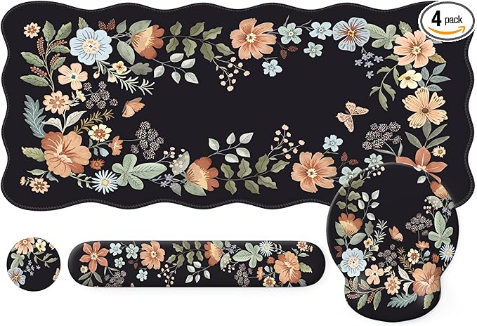 iLeadon Floral Mouse Pad Sets Desk Matt for Desktop Mouse Pad with Wrist Support Extra Large Desk Size Mouse Mat+Cup Coaster with Non-Slip Base for Women Home Office (Black)
