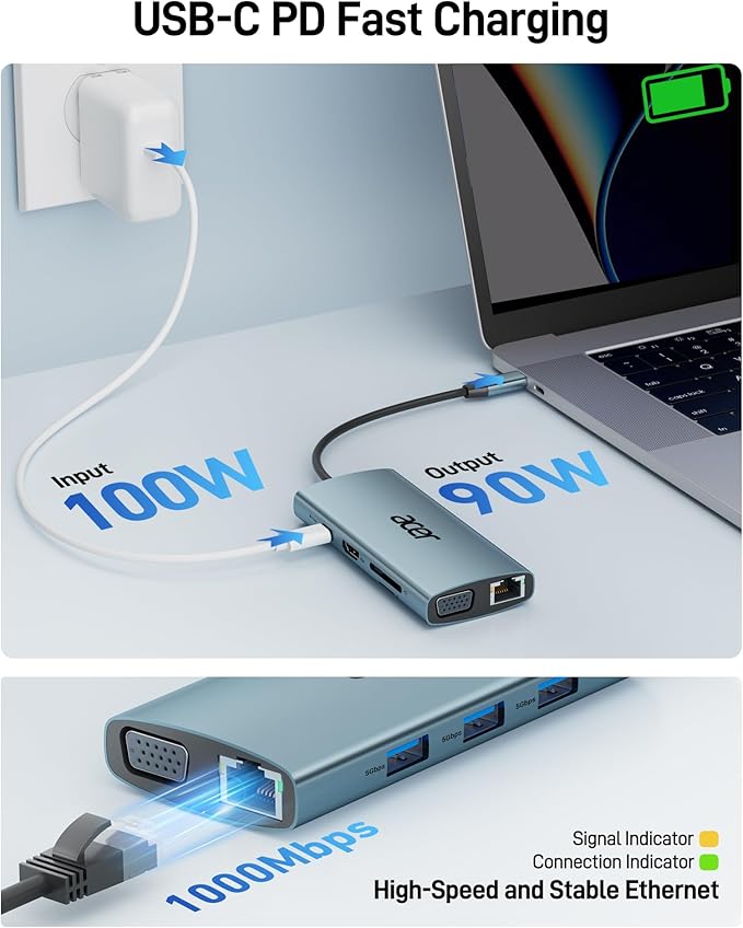 Acer USB C Hub with 4k HDMI 9-in-1 USB C to Ethernet Adapter 5Gbps USBA 3.0 Docking Station VGA Splitter SD Card Reader PD 100W Charging for MacBook Acer Laptops Surface and More