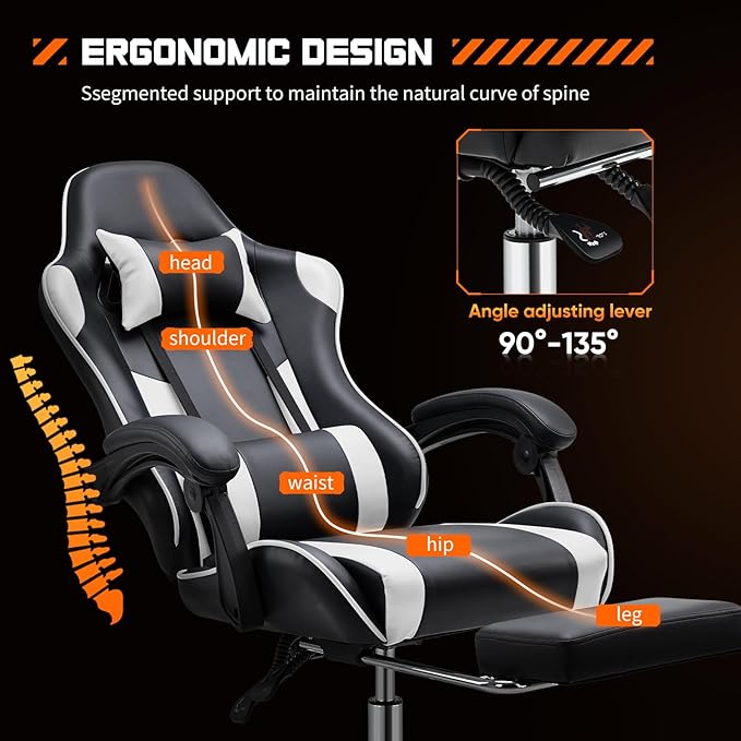 Sweetcrispy Video Game Desk Chair - Ergonomic Computer with Footrest and Comfy Lumbar Support PU Leather Recliner with Headrest Dynamic Armrest Height Adjustable with 360° Swivel White Adults