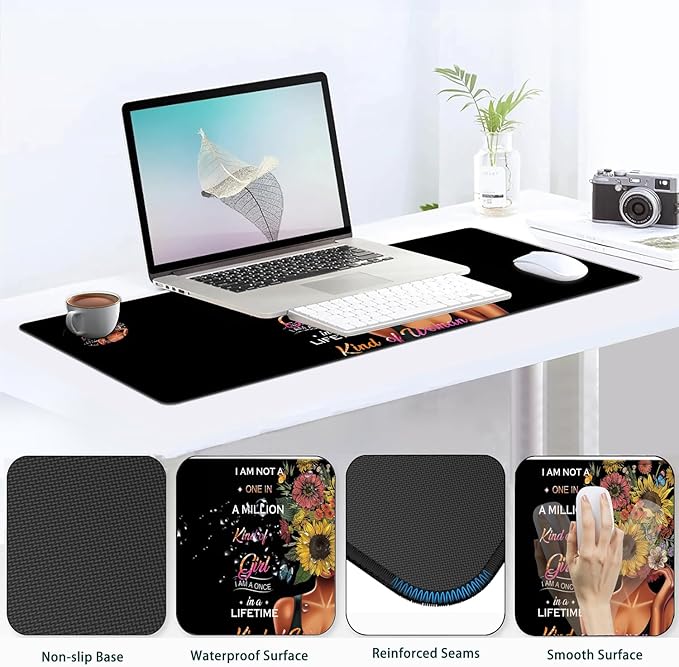 JVGFYNKL Large Gaming Mouse Pad Set Ergonomic Memory Foam Keyboard Wrist Rest Support + Mouse Wrist Rest + Extended Desk Mat with Non-Slip Rubber Base Inspiring Sunflower Girl Pattern Black Desk Pad