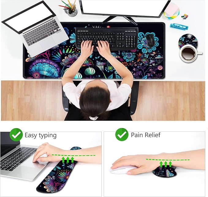 AIMSA Large Gaming Mouse Pad Set Keyboard Wrist Rest Support+ Extended Mousepad+ Mouse Wrist Cushion+Coaster Ergonomic Multifunctional Desk Mat 35x15.7in Colorful Abstract Mushrooms