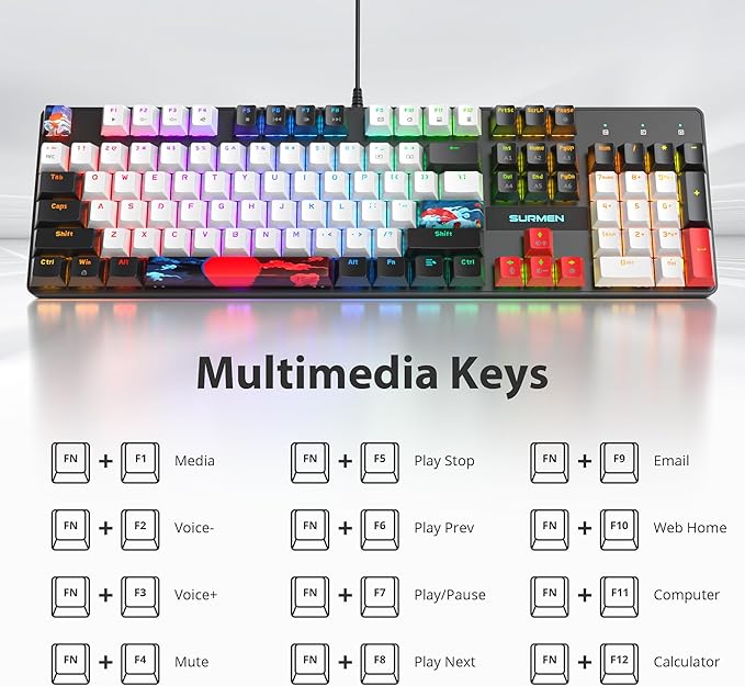RGB Gaming Keyboard 104-Key Wired Mechanical Keyboard Creamy with Number Pad Linear Red Switch NKRO Full Size for Windows Laptop PC Gamer