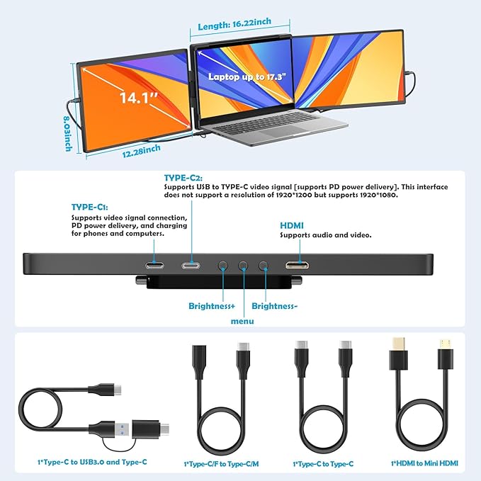 14 1200P IPS Triple Screen Portable Laptop Monitor Extender with USB Docking Station 1920x1200 FHD Plug-Play Detachable Travel Display for 13-17 Notebook for HDMIUSB-A and USB-C