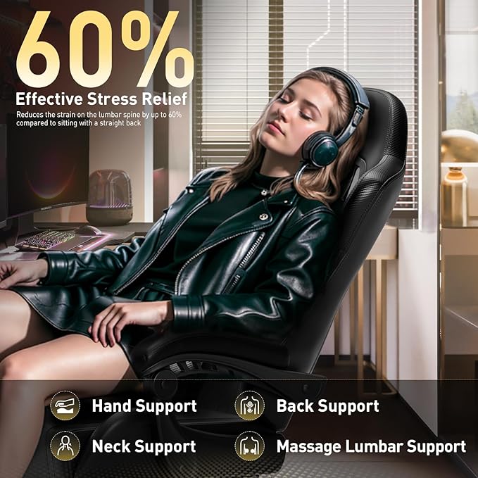 HLDIRECT Gaming Chair Ergonomic Video Game Seat with 360° Swivel &amp Lumbar Massage Computer Chair PU Leather Cushion for Adults Home/Office Use (Black)
