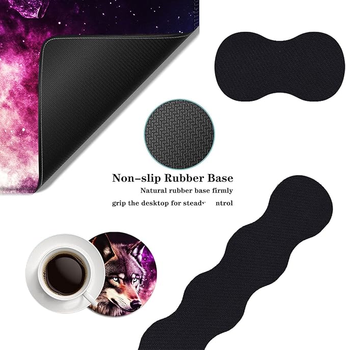 Mouse PadLarge Desk Mat Set 4in1 XL Mousepad + Keyboard Wrist Rest+Mouse Wrist Rest+Coaster with Ergonomic Desk Pad for Home Office Table Computer Cover -Cosmic Wolf Purple Nebula