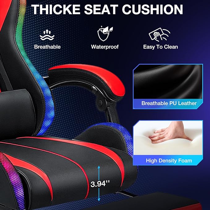 RGB Gaming Chair Massage with LED Lights and Footrest Ergonomic Computer Gaming Chair with High Back Video Game Chair with Adjustable Lumbar Support Red and Black