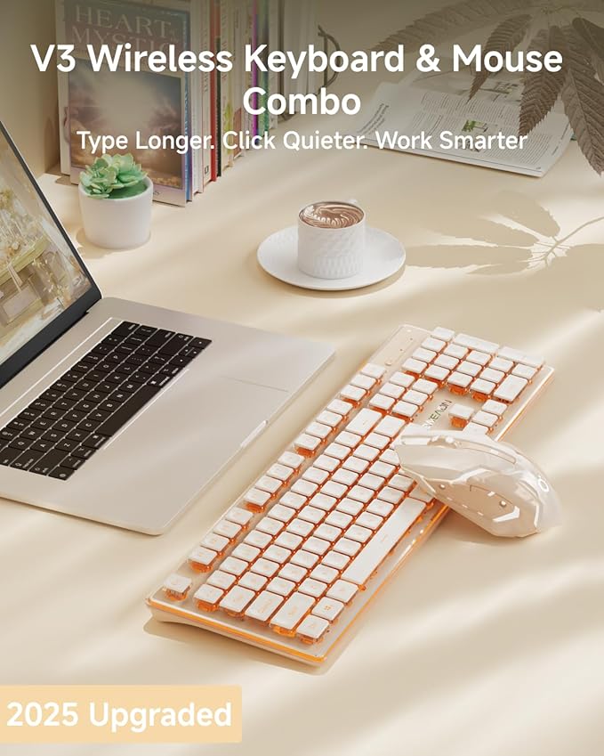 EWEADN V3 Wireless Keyboard and Mouse with Single Backlit Metal Panel Bluetooth/2.4G Rechargeable Computer Keyboard and Mouse Combo Silent Lighted Full Size Cute Keyboards-Rose Gold