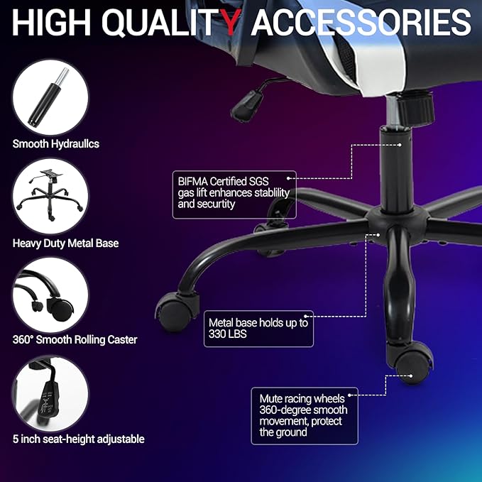 Gaming Chair PU Leather Massage PC Video Game Chair with Lumbar Support for Men Women Home Office Height Adjustable Ergonomic High Back White