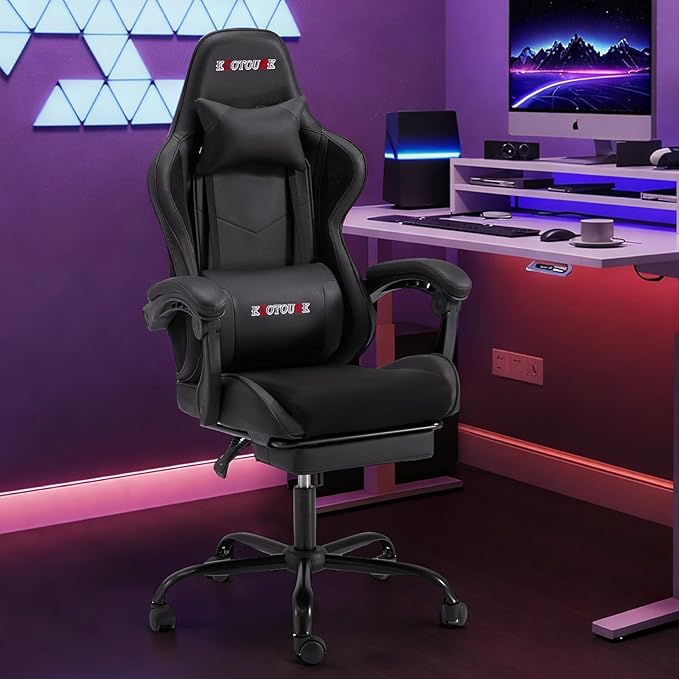 ECOTOUGE Ergonomic Gaming Chair Video Game Chair with Removable Back Cushion Gamer Chair with Massage Lumbar Pillow &amp Footrest Computer Office Gaming Chair with Reclining Backrest Black