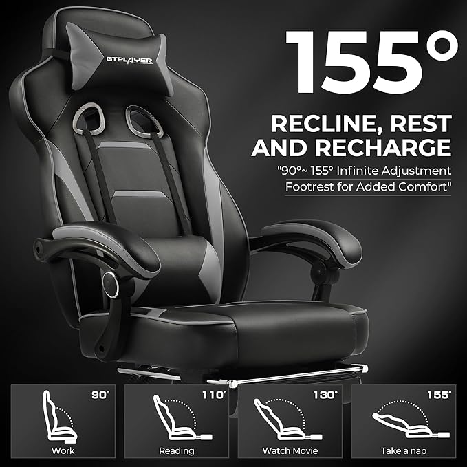 GTPLAYER Gaming Chair with Footrest Big and Tall Game Chair 350lb Racing Style Computer Chair Ergonomic Executive High Back with Lumbar Support and Recliner Sky Gray