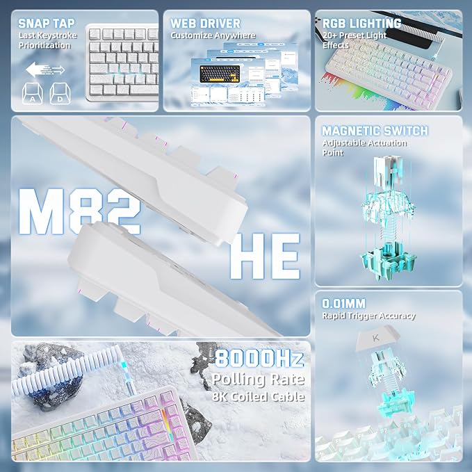 MAMBASNAKE M82 HE 75% Hall Effect Magnetic Switch Gaming Keyboard Rapid Trigger 0.01mm Accuracy 8KHz Polling Rate RGB Backlit Snap Tap &amp DKS Support White Compact Layout with Coiled Cable