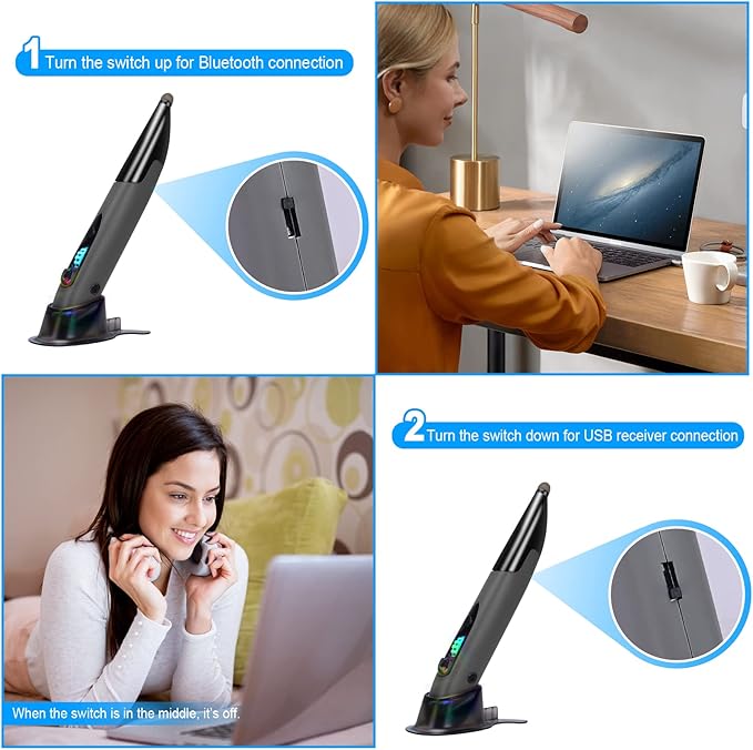 lychee Wireless Optical Pocket Pen Mouse 2.4GHZ USB Wireless Optical Handwriting Mini Air Pen Mouse Mice for PC Laptop Notebook Computer Mac (Voice&ampBluetooth Grey1)