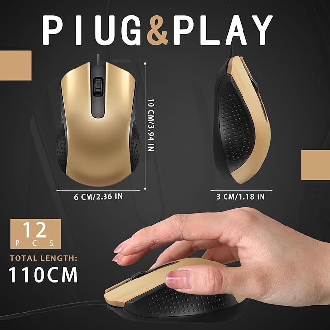 Hoteam 12 Pcs Gold Wired Computer Mouse Bulk Cord USB Computer Mice Ergonomic Wired Mouse for Pcs Computers Laptops Gaming Office Home Supplies