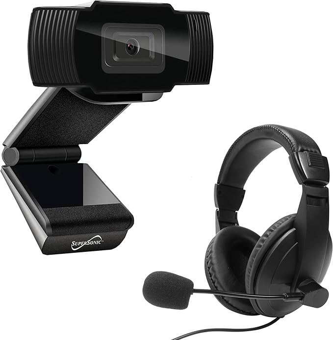 Supersonic SC-942WCH PRO HD Webcam and Stereo Headset 1080P HD Webcam Crystal Clear Audio and Video Adjustable Comfort Plug and Play Compatibility for Zoom &amp Teams in Home Office School