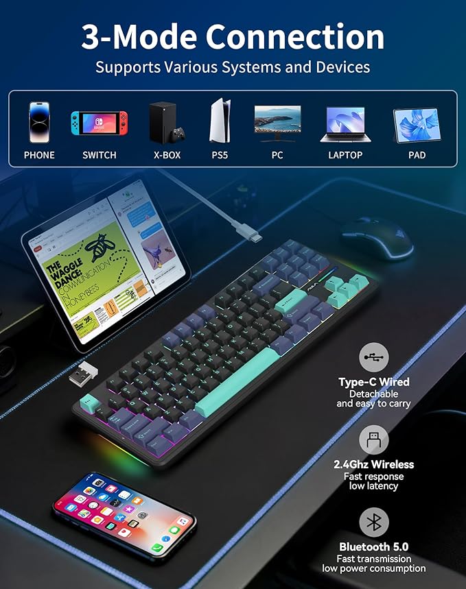 Aula F87 Pro Wireless Mechanical Keyboard 87-Key TKL Tri-Mode (BT5.0/2.4G/USB-C) Hot Swappable Gasket Mount Keyboard 4000mAh Battery RGB Backlit PBT Keycaps Custom Gaming Keyboard for PC Mac