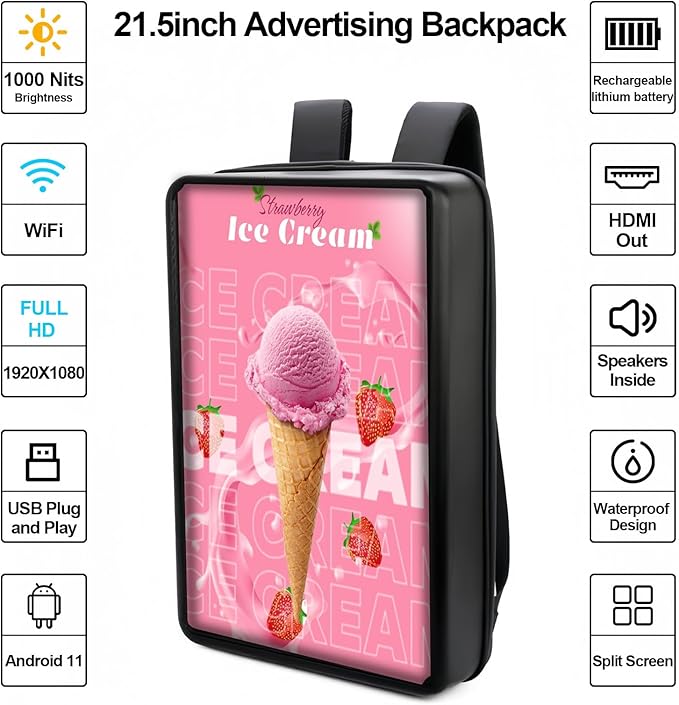 21.5 Inch Touchscreen Advertising Backpack 1000nits High Brightness LCD Screen Backpack IP65 Waterproof Digital Signage Backpack with USB/App/CMS Input for Auto Playback Split Screen Android 11OS