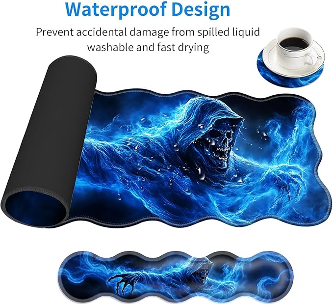 Large Mouse Pad and Keyboard Wrist Rest Desk Pad for Keyboard and Mouse 4-in-1 Large Gaming Mouse Pad with Wrist Support Desk Mat for Home Office Study Game-Smoke Skull