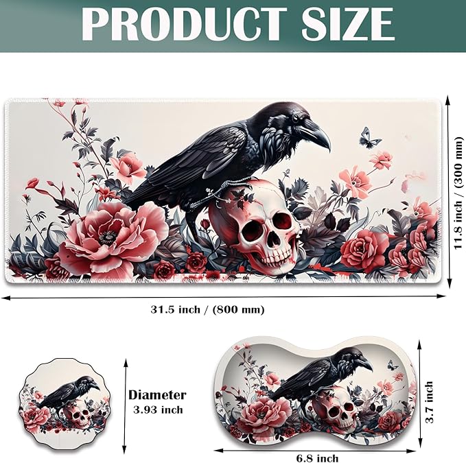 Large Game Mouse Pad + Wrist Support Pad + Coffee Coaster Desk Pad with Sewn Edges Anti-Slip Set pad Suitable for Office Work and Home - Rose Skull