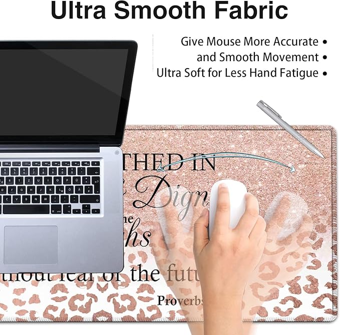 Desk Pad Extended Large Mouse Pad with Stitched Edges (31.5X11.8In) Ergonomic Mouse Wrist Rest Support Waterproof Computer Keyboard Mouse Mat Proverbs 31:25 Verse Pink Gilt XXL Gaming Mouse Pad