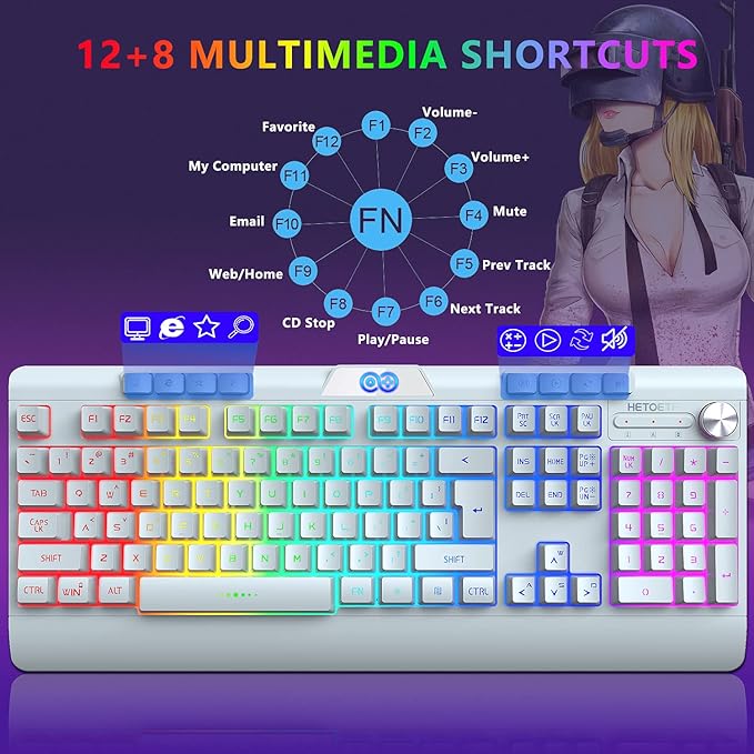 H8 Wireless Gaming Keyboard and Mouse Combo LED Backlit Rechargeable 3800mAh Battery Mechanical Feel Anti-ghosting Keyboard with Wrist Rest + 7D 3200DPI Mice for Windows Mac PC Laptop