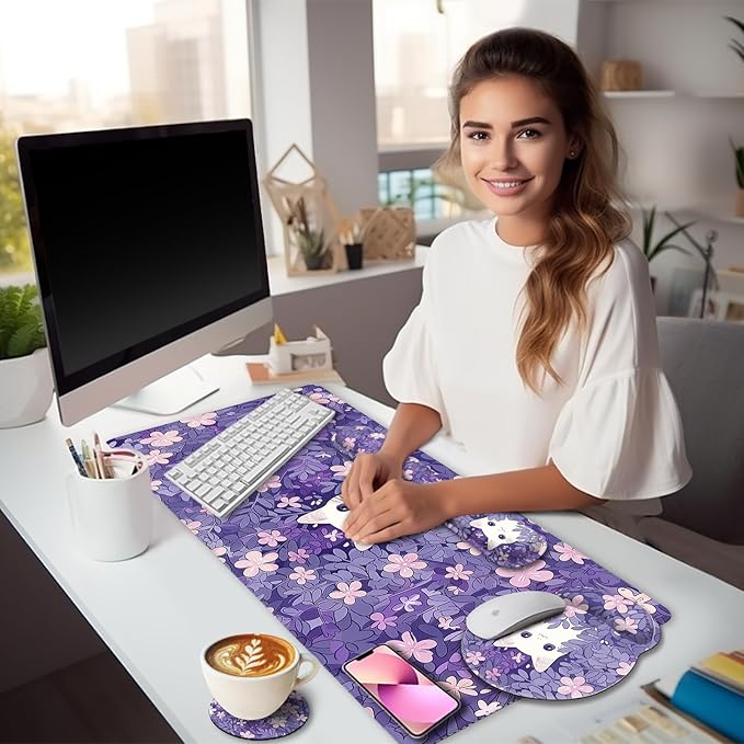 Purple Mouse Pad Large Desk Mat Set Kawaii Cat Computer Mouse Pad with Wrist Rest Keyboard Wrist Support XXL Mousepad Cup Coaster Set Cute Purple Office Desk Accessories Cat Decor Supplies