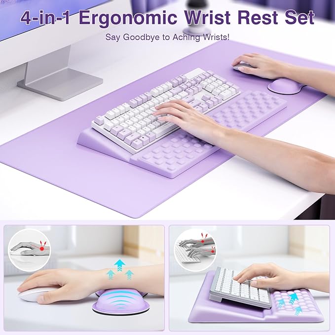 Ospelelf Keyboard Wrist Rest Stand Pad and Ergonomic Mouse Pad Set with Large Mousepad Memory Foam Comfort Premium Office Desk Accessories for Pain Relief Purple