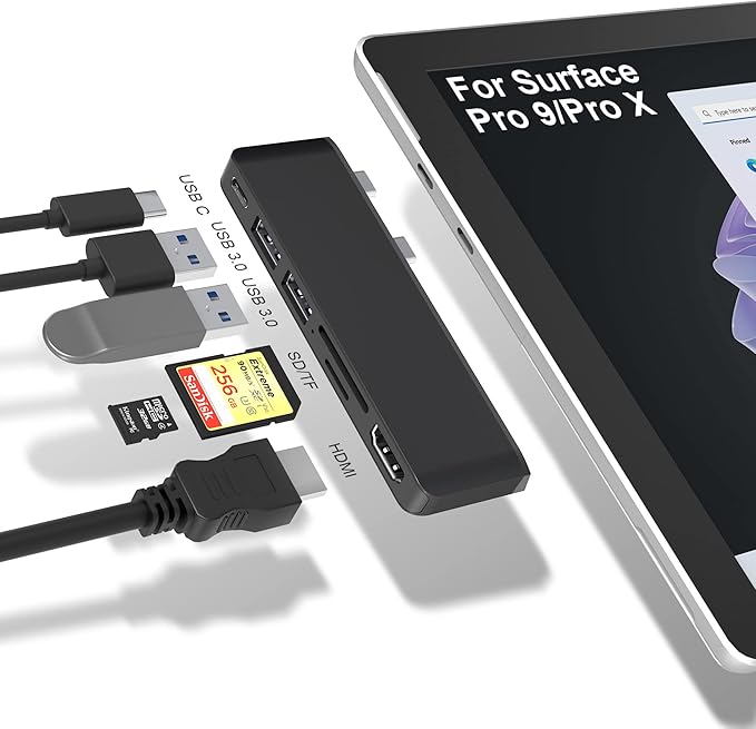 Surface Pro 9/10/11/X Accessories Surface Pro 9 USB Hub Docking Station with 4K HDMI USB-C Thunerbolt 4 (Display+Data+PD Charging) 2 USB 3.0 SD/TF Card Reader for Surface Pro 9/Pro10/Pro11/ProX
