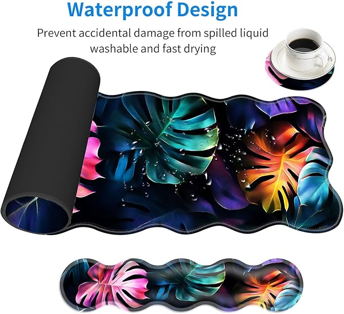 Large Mouse Pad and Keyboard Wrist Rest Desk Pad for Keyboard and Mouse 4-in-1 Large Gaming Mouse Pad with Wrist Support Desk Mat for Home Office Study Game-Colorful Tropical Leaf