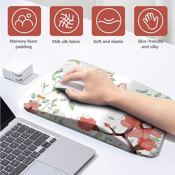 AIMSA Ergonomic Mouse Pad Wrist Rest Support Thick Mousepad Upgraded Memory Foam Pain Relief and Non-Slip PU Base for Home Office Butterfly Flower