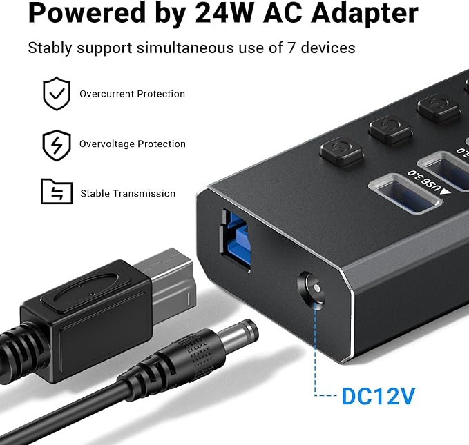 Powered USB Hub 3.0 GKEAPZA 7-Port USB 3.0 Hub [Durable Aluminum] 7 Data Transfer Ports+ 4 Smart Charging Ports with Individual On/Off Switches USB Hub 3.0 Powered with Power Adapter for Laptop PC