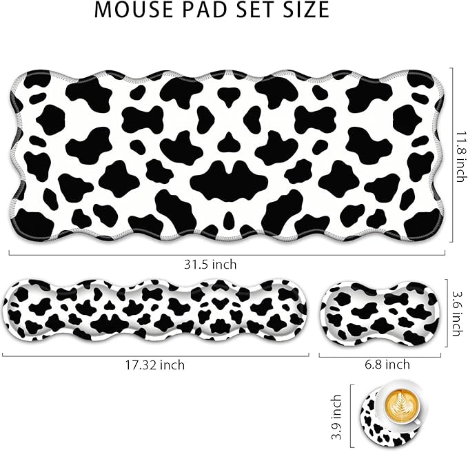 4 in 1 Desk Mat SetMouse Pad with Keyboard Wrist RestWave-Shaped DesignNon-Slip Rubber BaseWaterprooffor HomeOfficeGamingCute Cow Pattern
