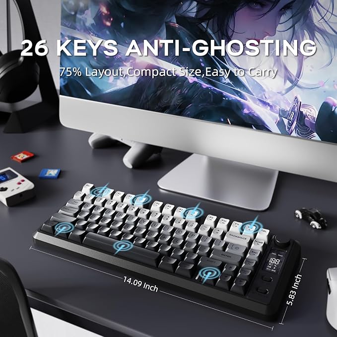 M75 Wireless Mechanical Feel Gaming Keyboard Bluetooth/2.4Ghz Membrane with Knob &amp OLED Display Rainbow Backlit Gradient PBT Keycaps 2000mAH Battery Anti-Ghosting-Moonnight