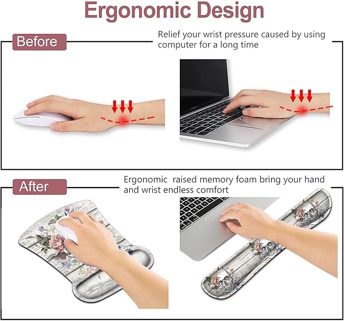 Mouse Pad with Wrist Support Ergonomic Gel Mouse Pad Memory Foam Keyboard Wrist Rest Suitable for Office Typing Games Desktop Decoration Pattern Design of Skull Skeleton Flowers on Vintage Wood