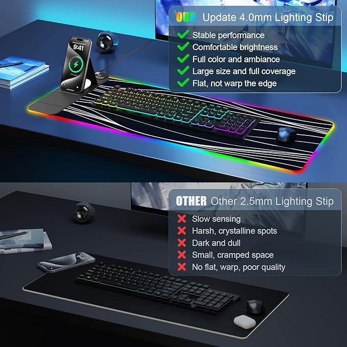 RGB Mouse Pad with Foldable Phone Stand &amp Wireless Charger 31.5x11.8 XL Gaming Mousepad Large Desk Mat Desk Pad with Dual Charging for Phone &amp AirPods | 11 Colors &amp 5 Modes | Waterproo